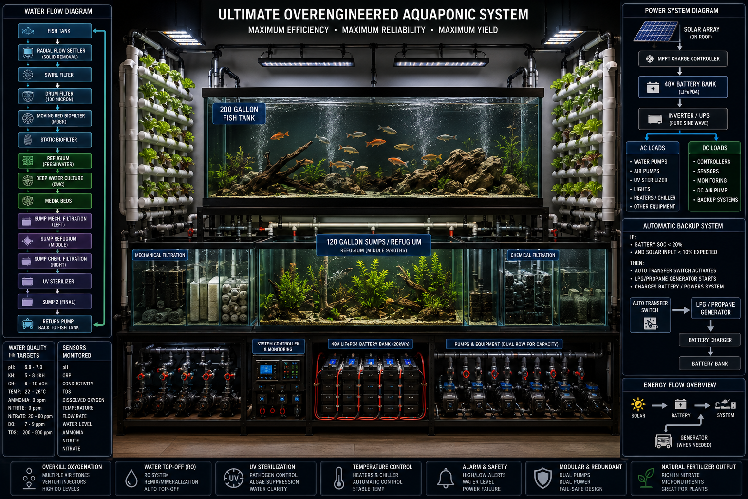 AI-generated concept image of a basic aquaponics setup with a fish tank feeding a grow bed.
